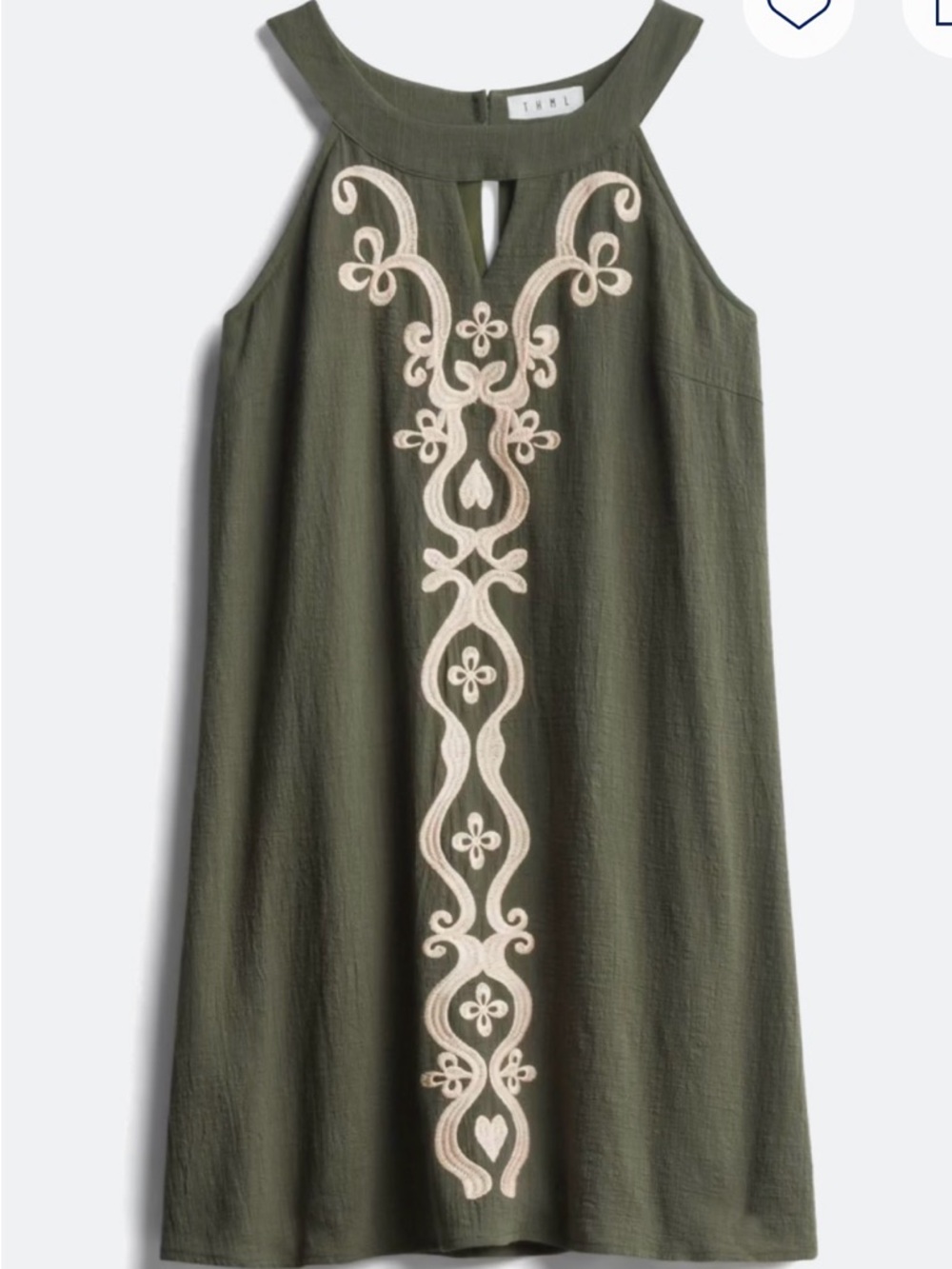 THML Olive Green Embroidered Sleeveless Tunic Dress LP | Boho Keyhole Back